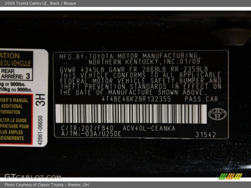 Black / Bisque 2009 Toyota Camry LE