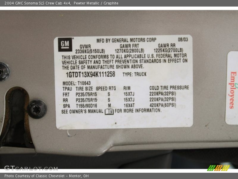 Pewter Metallic / Graphite 2004 GMC Sonoma SLS Crew Cab 4x4