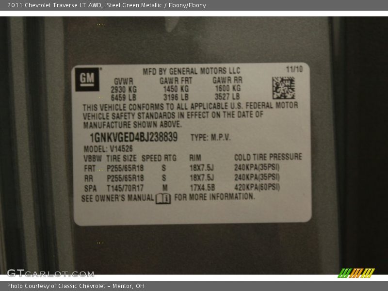 Steel Green Metallic / Ebony/Ebony 2011 Chevrolet Traverse LT AWD