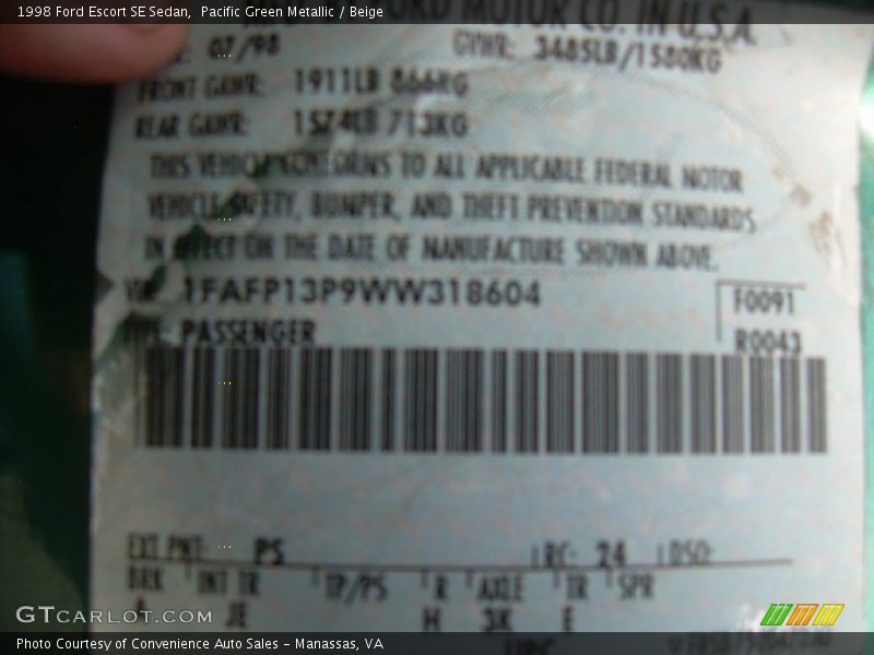 1998 Escort SE Sedan Pacific Green Metallic Color Code PS