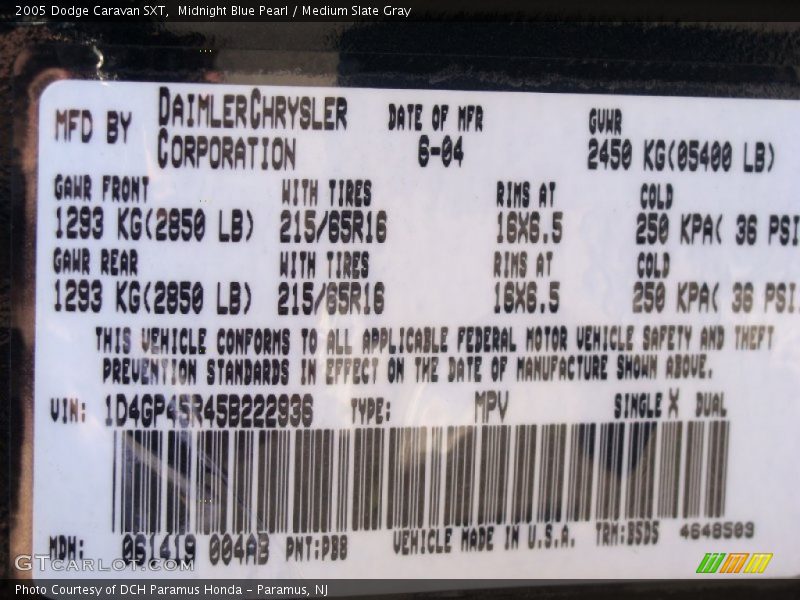 Midnight Blue Pearl / Medium Slate Gray 2005 Dodge Caravan SXT