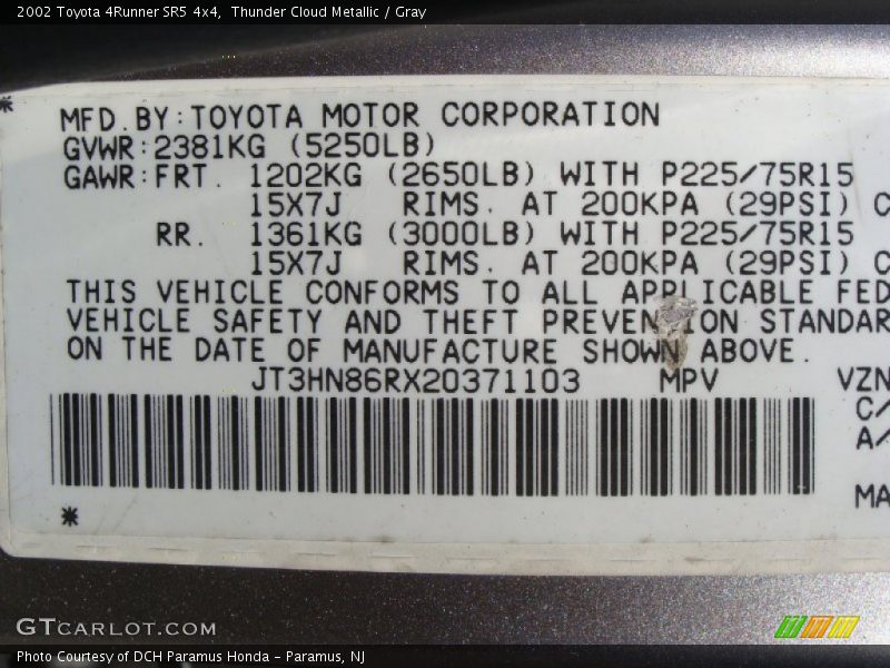 Thunder Cloud Metallic / Gray 2002 Toyota 4Runner SR5 4x4