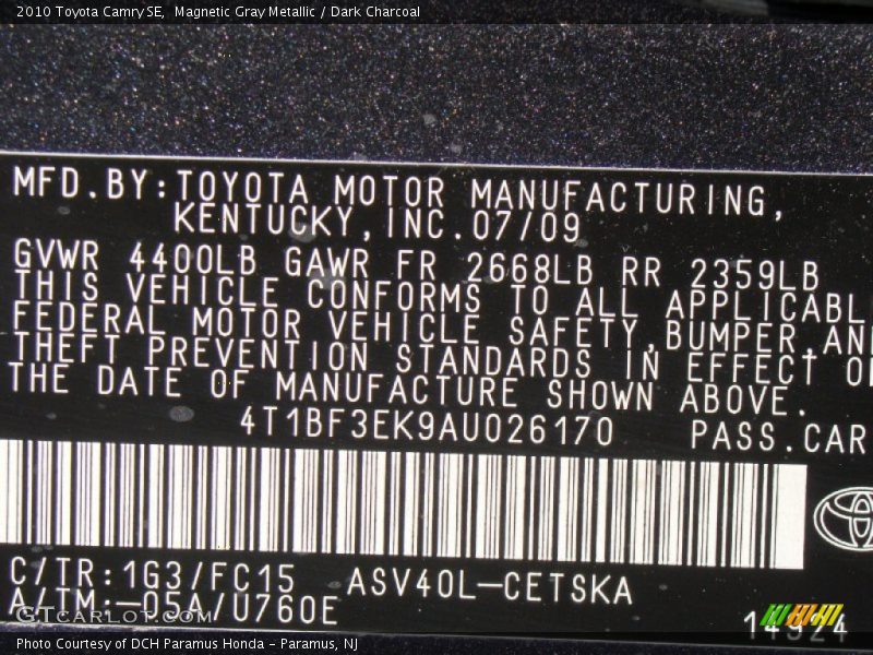 Magnetic Gray Metallic / Dark Charcoal 2010 Toyota Camry SE