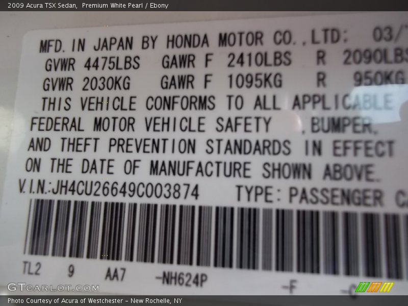Premium White Pearl / Ebony 2009 Acura TSX Sedan