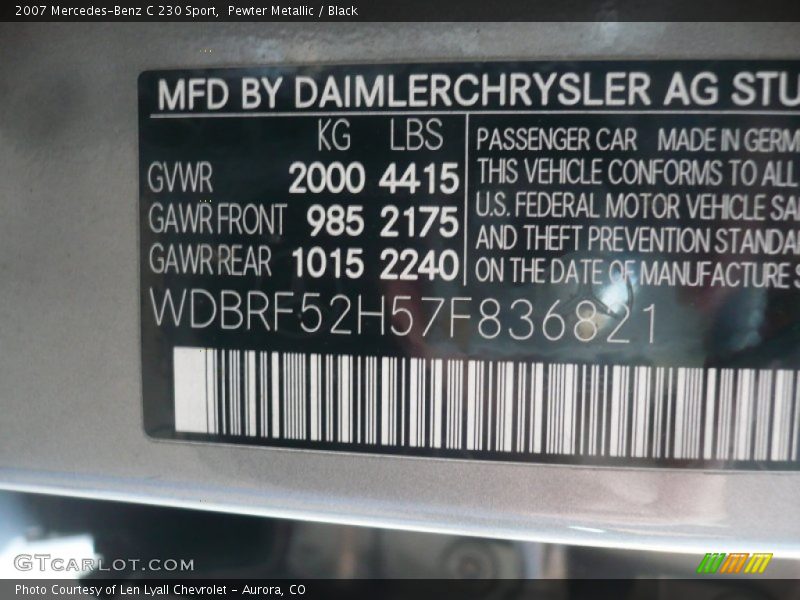 Pewter Metallic / Black 2007 Mercedes-Benz C 230 Sport