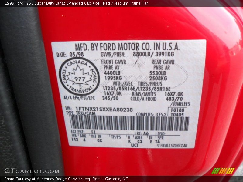 Red / Medium Prairie Tan 1999 Ford F250 Super Duty Lariat Extended Cab 4x4