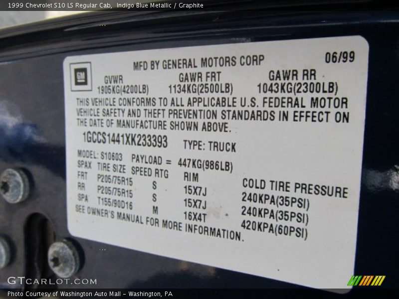 Info Tag of 1999 S10 LS Regular Cab
