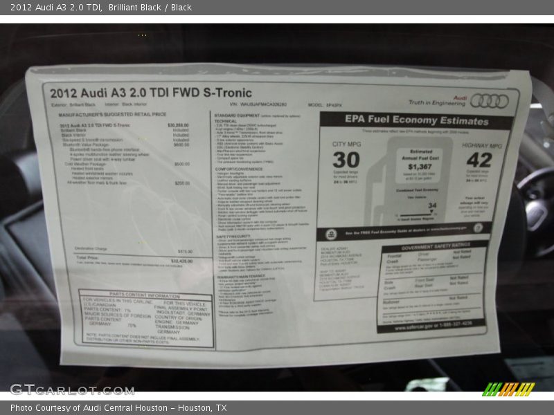  2012 A3 2.0 TDI Window Sticker