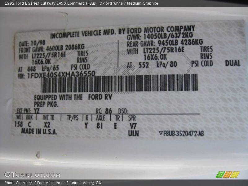 Oxford White / Medium Graphite 1999 Ford E Series Cutaway E450 Commercial Bus