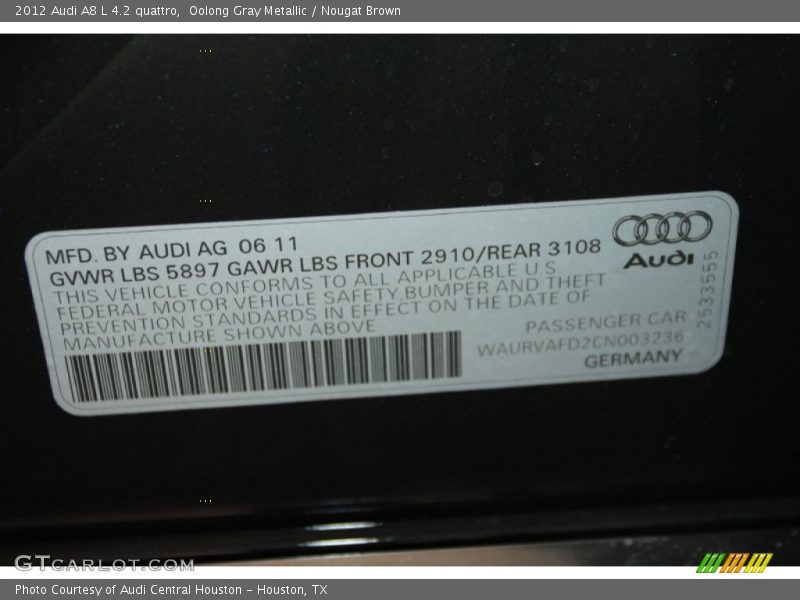 Oolong Gray Metallic / Nougat Brown 2012 Audi A8 L 4.2 quattro