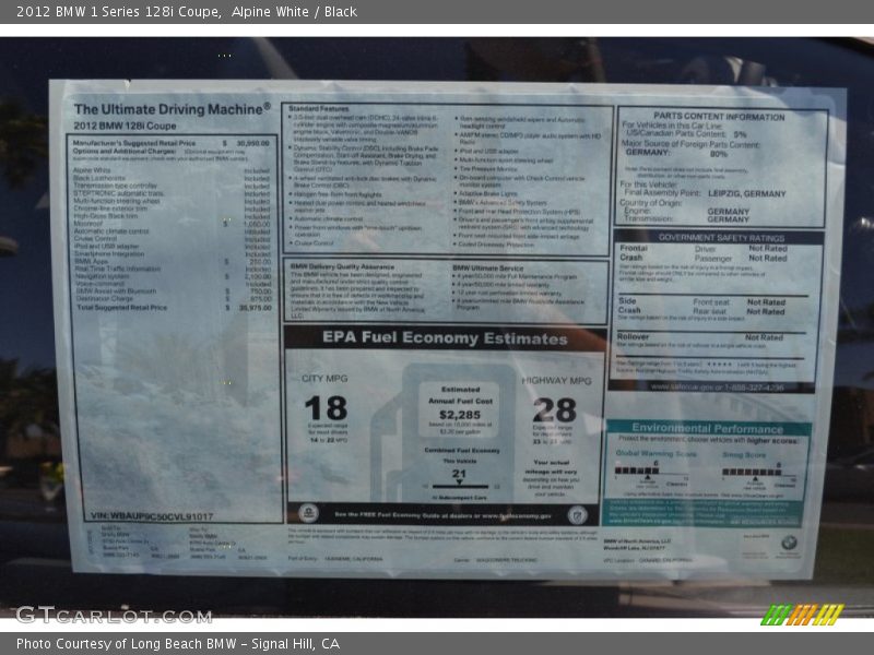  2012 1 Series 128i Coupe Window Sticker