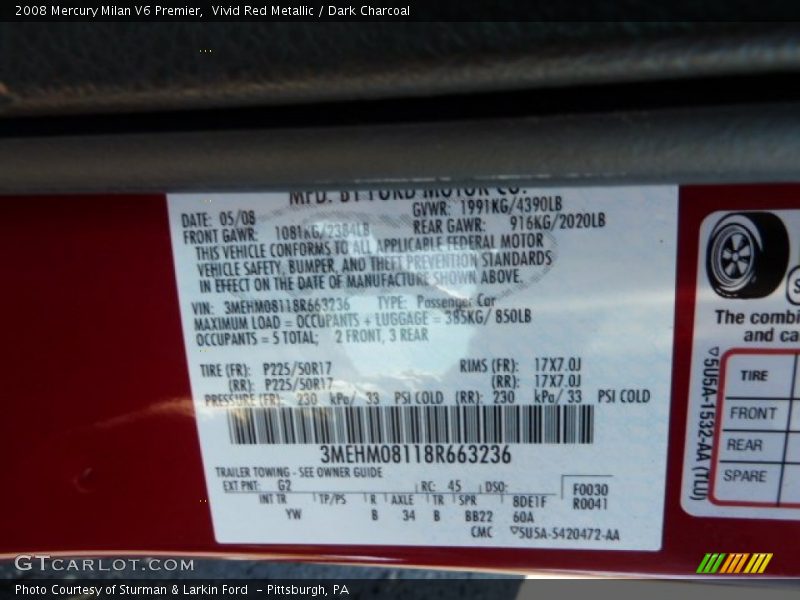 Vivid Red Metallic / Dark Charcoal 2008 Mercury Milan V6 Premier