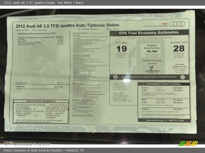  2012 A6 3.0T quattro Sedan Window Sticker