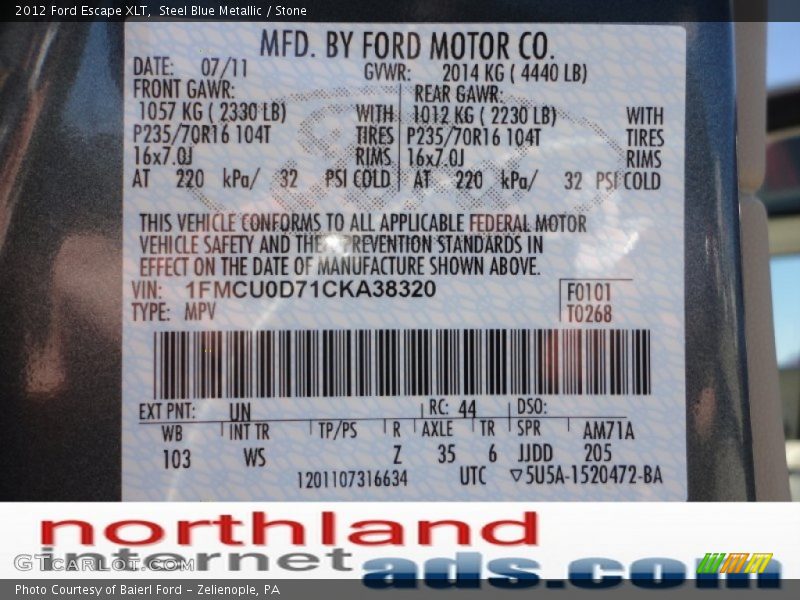 Steel Blue Metallic / Stone 2012 Ford Escape XLT