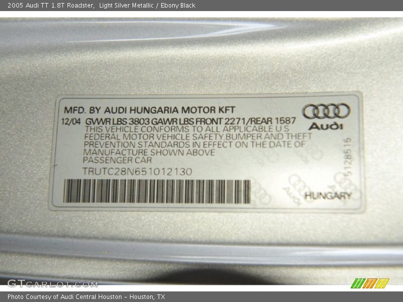 Info Tag of 2005 TT 1.8T Roadster