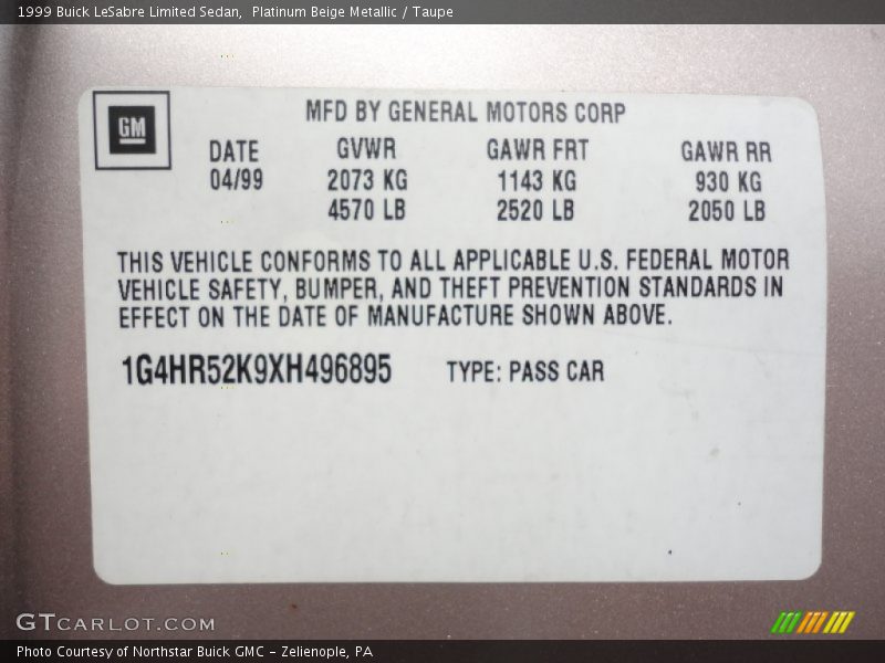Info Tag of 1999 LeSabre Limited Sedan