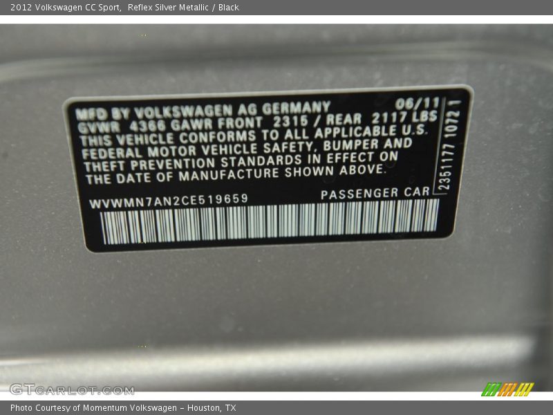 Reflex Silver Metallic / Black 2012 Volkswagen CC Sport