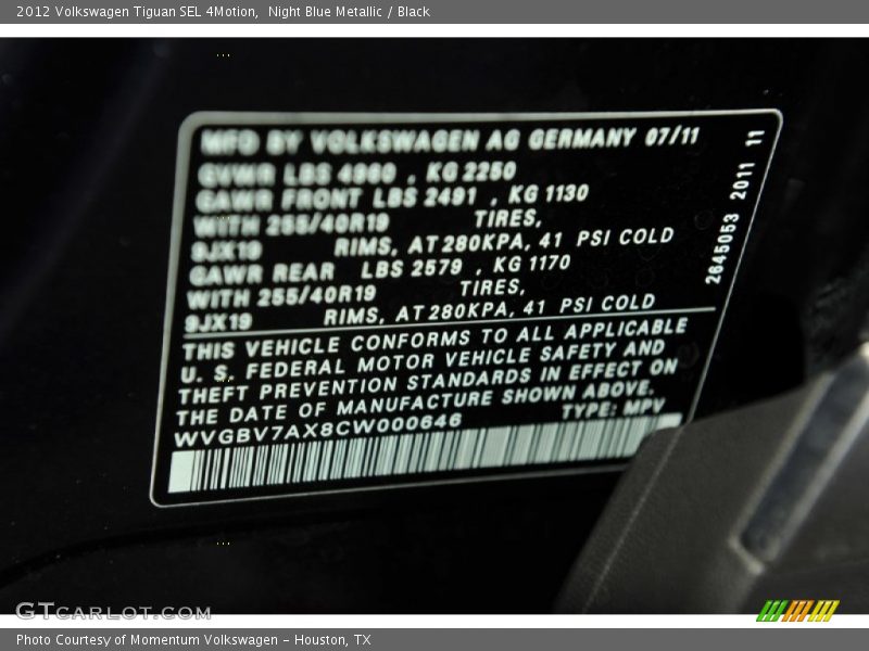Night Blue Metallic / Black 2012 Volkswagen Tiguan SEL 4Motion