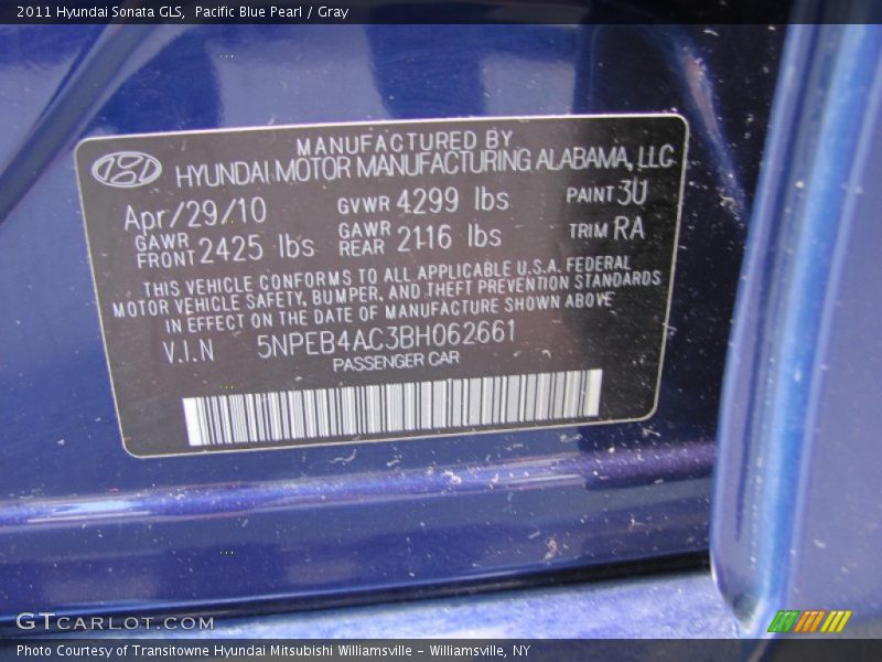 Pacific Blue Pearl / Gray 2011 Hyundai Sonata GLS
