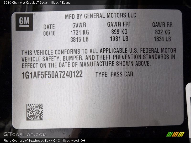 Black / Ebony 2010 Chevrolet Cobalt LT Sedan