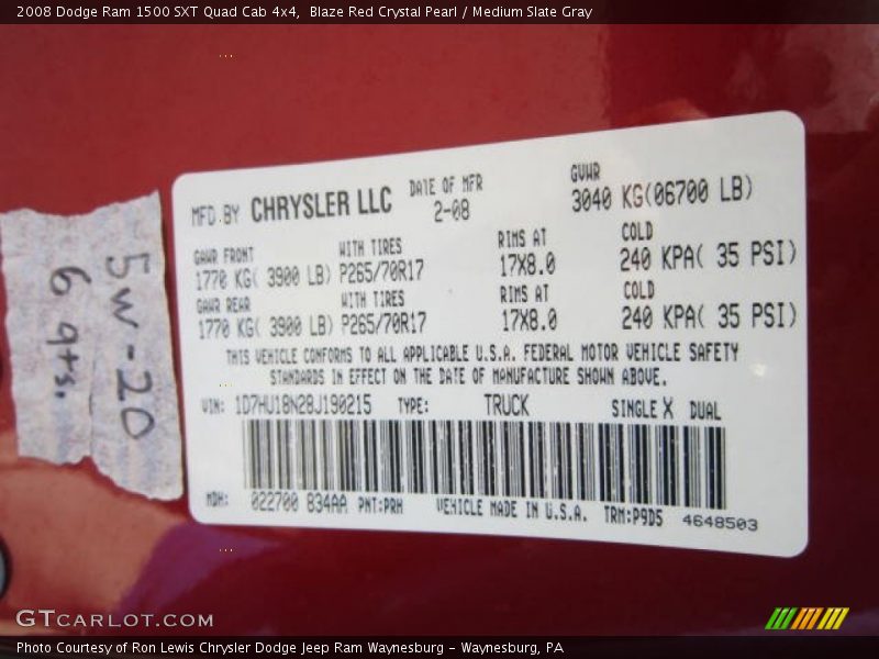 2008 Ram 1500 SXT Quad Cab 4x4 Blaze Red Crystal Pearl Color Code PRH