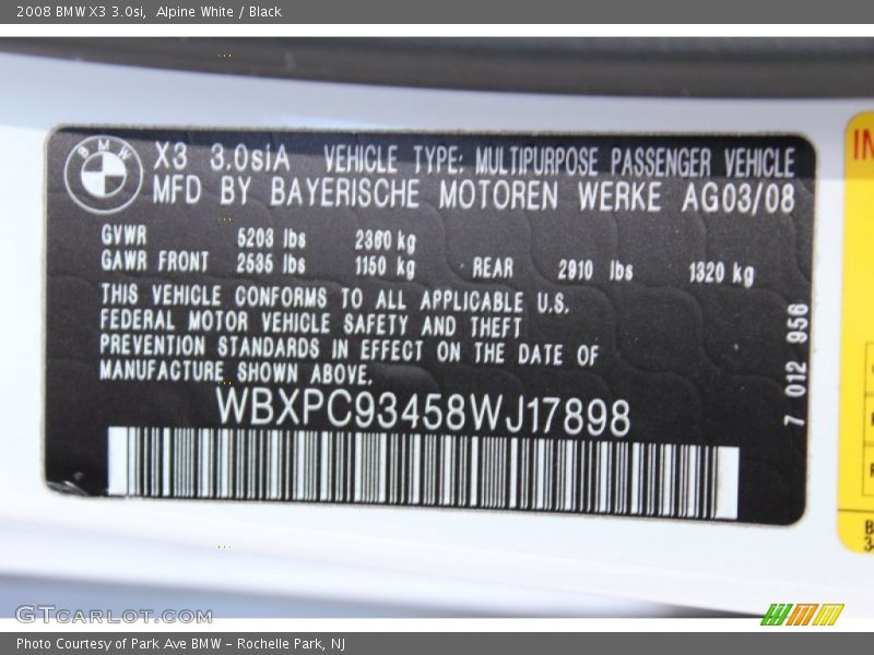 Alpine White / Black 2008 BMW X3 3.0si