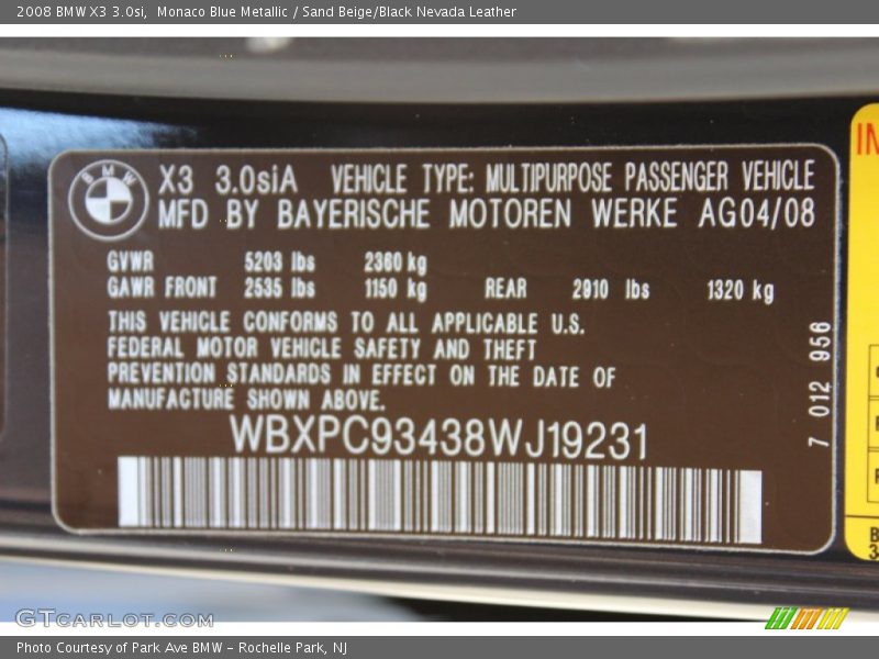 Monaco Blue Metallic / Sand Beige/Black Nevada Leather 2008 BMW X3 3.0si