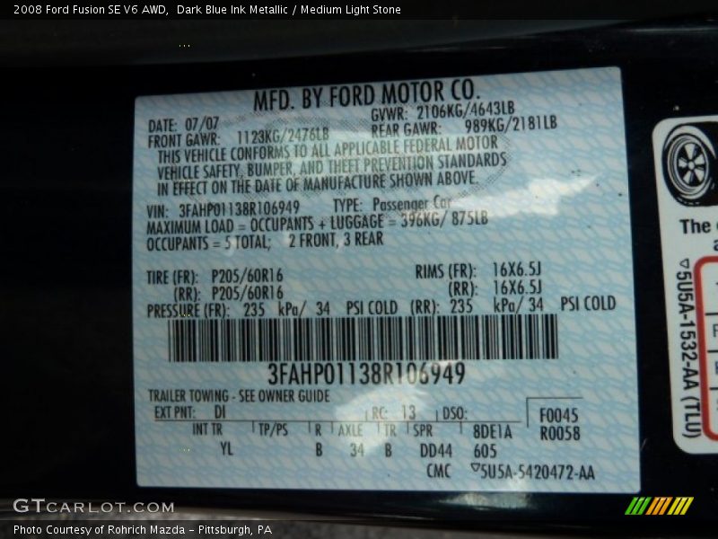 Dark Blue Ink Metallic / Medium Light Stone 2008 Ford Fusion SE V6 AWD