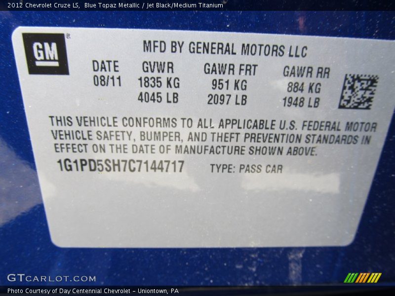 Blue Topaz Metallic / Jet Black/Medium Titanium 2012 Chevrolet Cruze LS