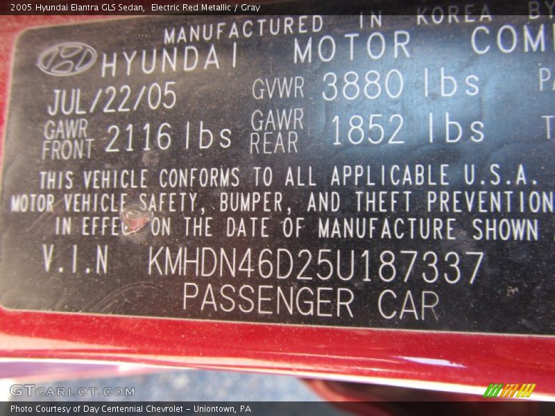 Electric Red Metallic / Gray 2005 Hyundai Elantra GLS Sedan