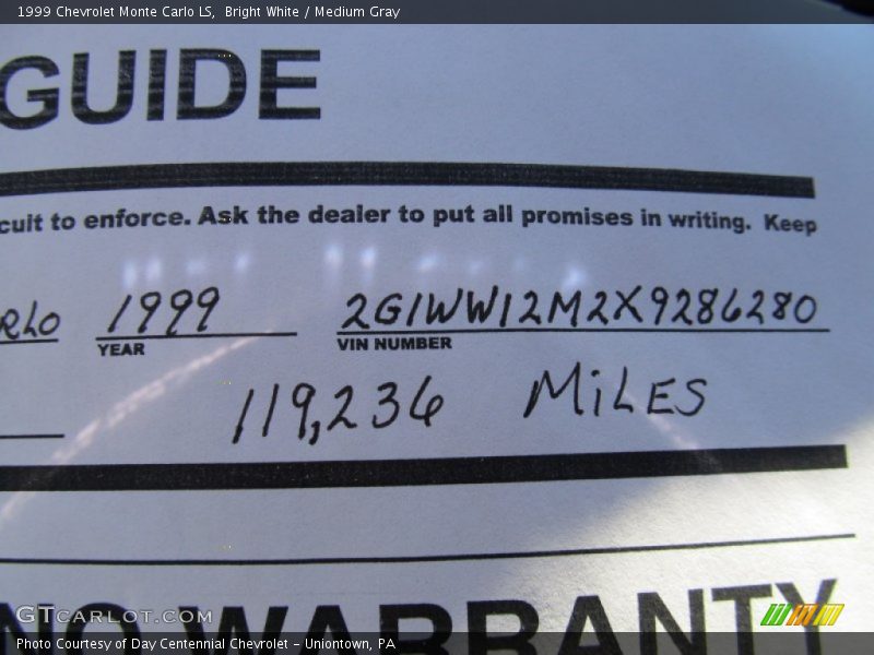 Bright White / Medium Gray 1999 Chevrolet Monte Carlo LS