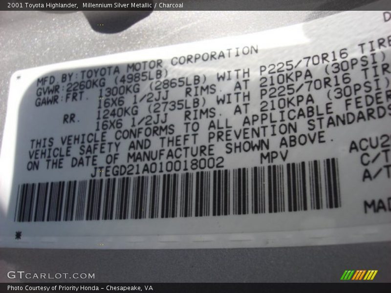 Millennium Silver Metallic / Charcoal 2001 Toyota Highlander