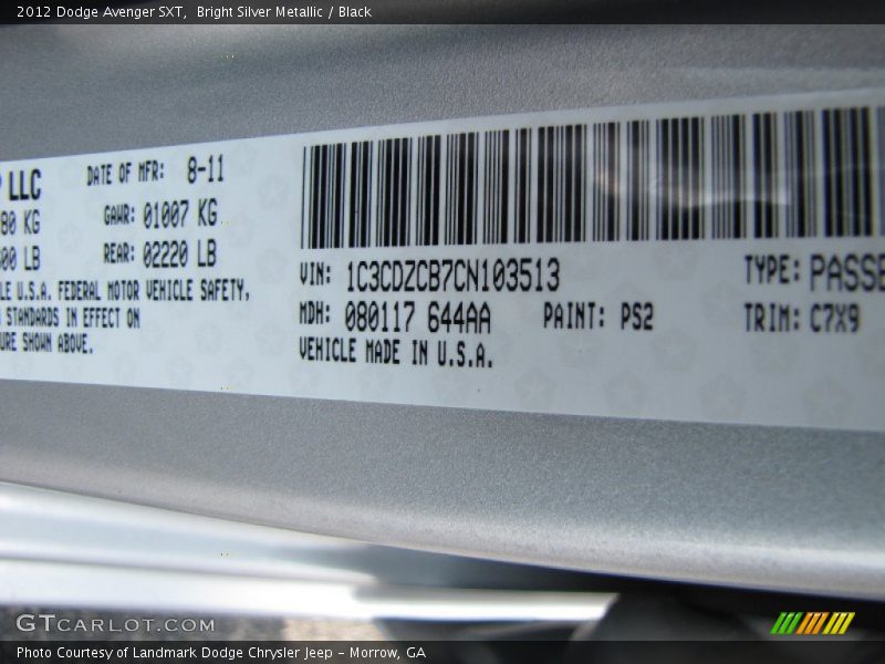 2012 Avenger SXT Bright Silver Metallic Color Code PS2