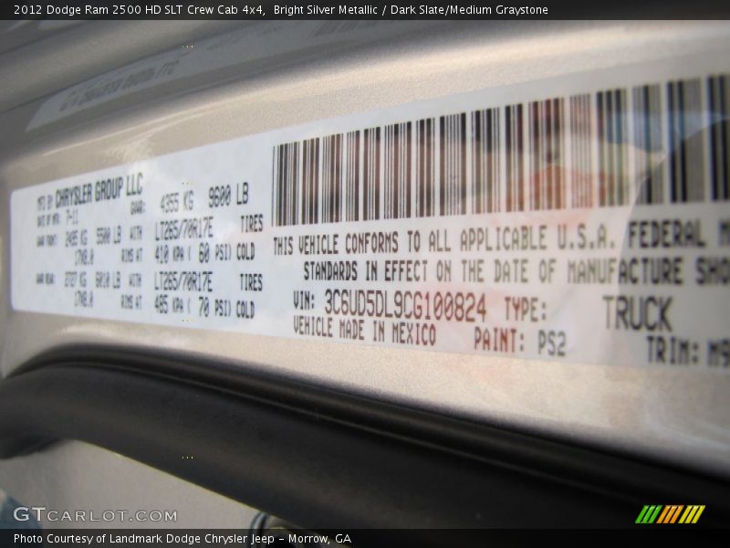 Bright Silver Metallic / Dark Slate/Medium Graystone 2012 Dodge Ram 2500 HD SLT Crew Cab 4x4