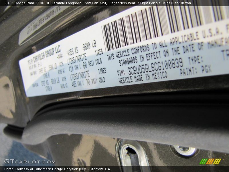 2012 Ram 2500 HD Laramie Longhorn Crew Cab 4x4 Sagebrush Pearl Color Code PGX