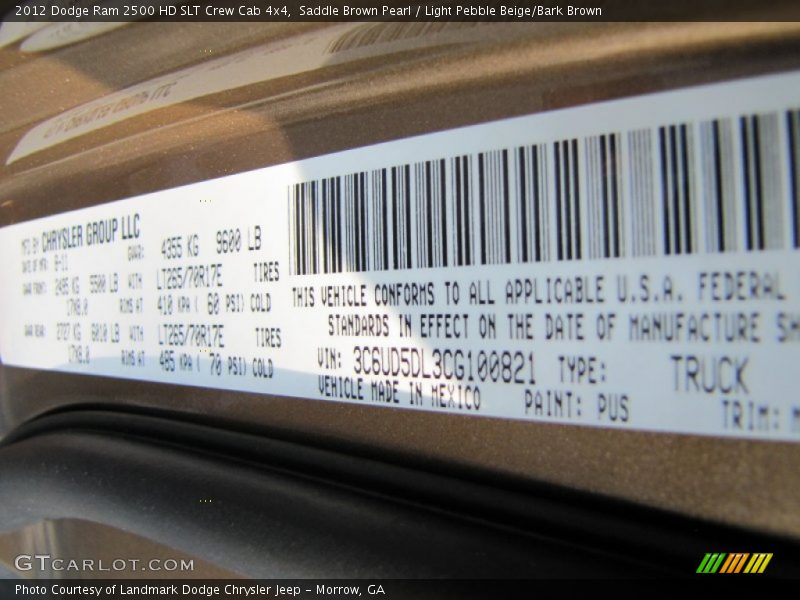 2012 Ram 2500 HD SLT Crew Cab 4x4 Saddle Brown Pearl Color Code PUS