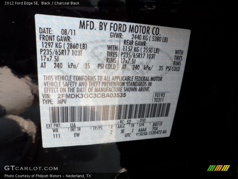 2012 Edge SE Black Color Code UA