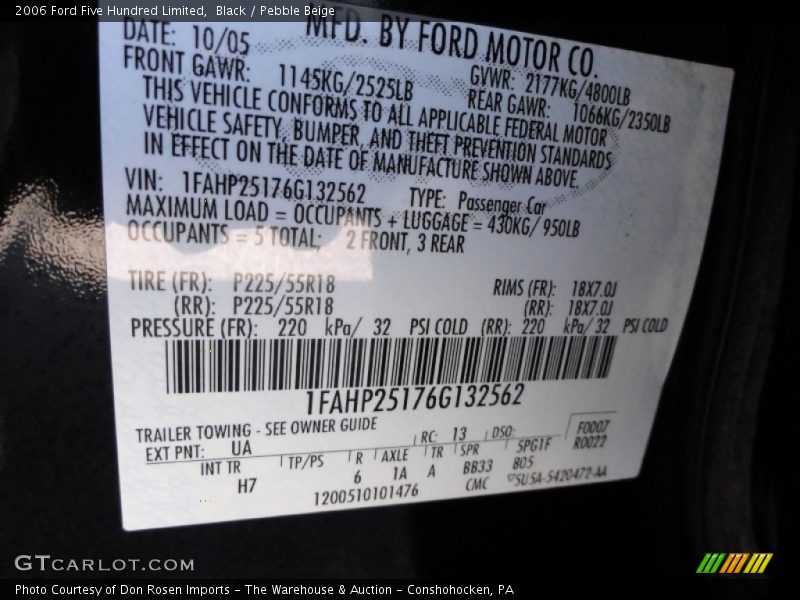 2006 Five Hundred Limited Black Color Code UA