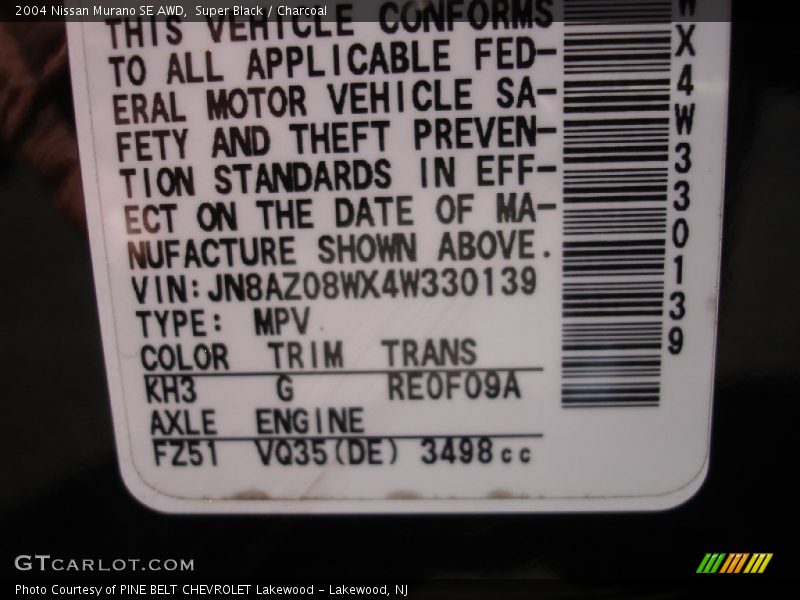 Super Black / Charcoal 2004 Nissan Murano SE AWD