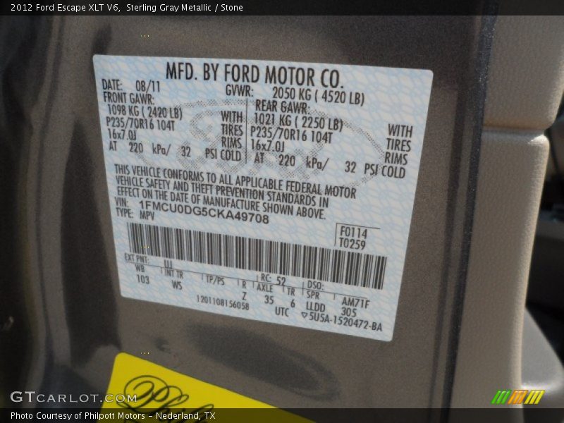 2012 Escape XLT V6 Sterling Gray Metallic Color Code UJ