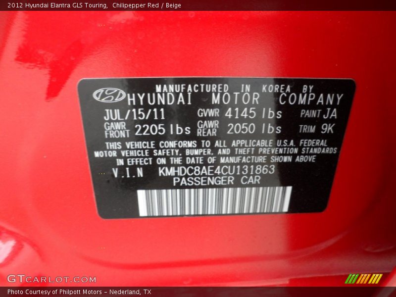 2012 Elantra GLS Touring Chilipepper Red Color Code JA