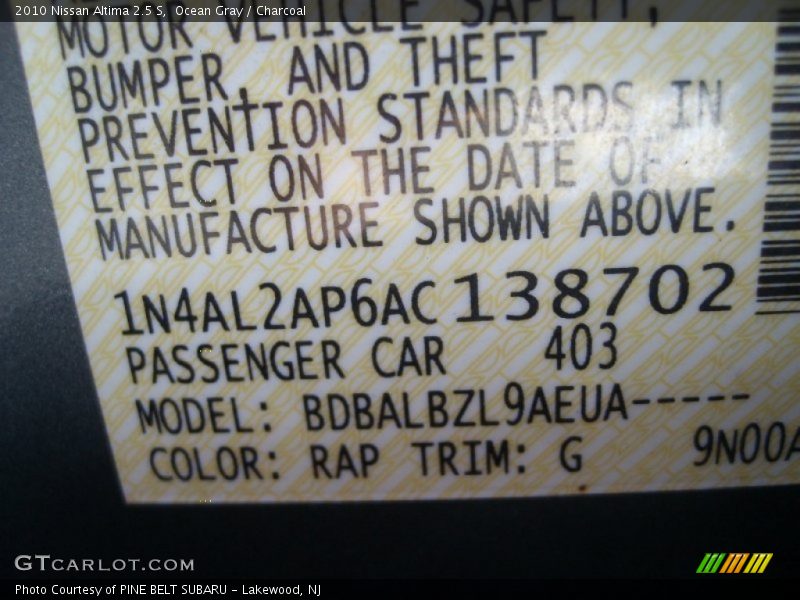 Ocean Gray / Charcoal 2010 Nissan Altima 2.5 S