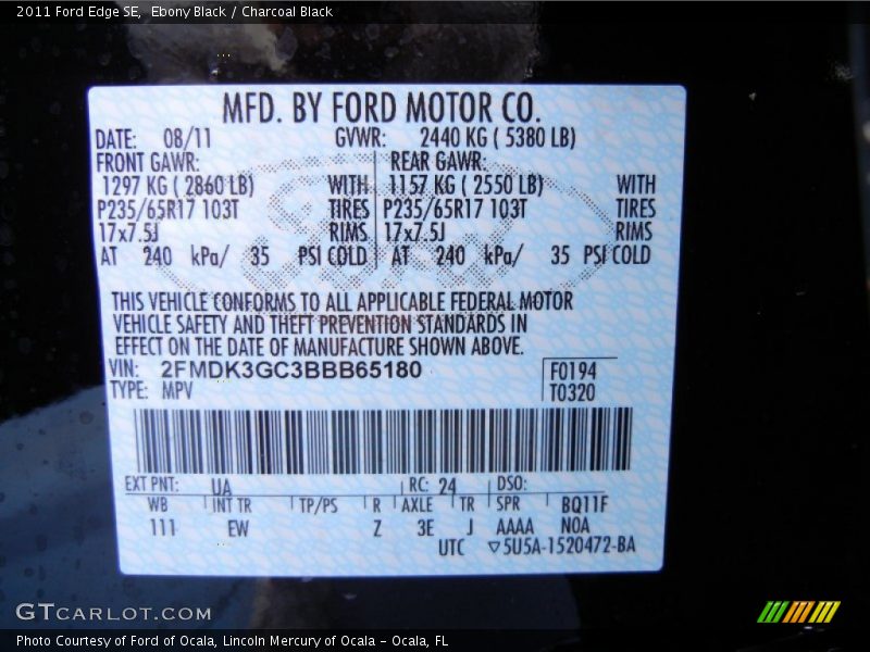 Ebony Black / Charcoal Black 2011 Ford Edge SE