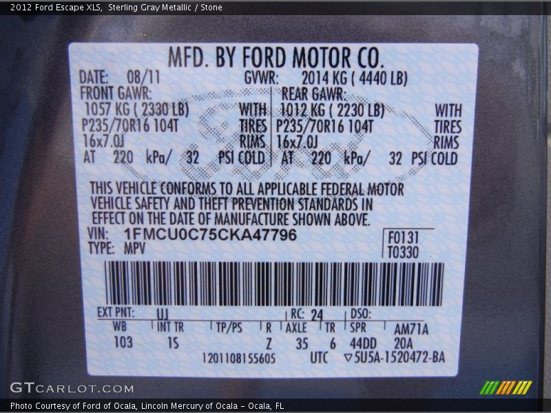 2012 Escape XLS Sterling Gray Metallic Color Code UJ