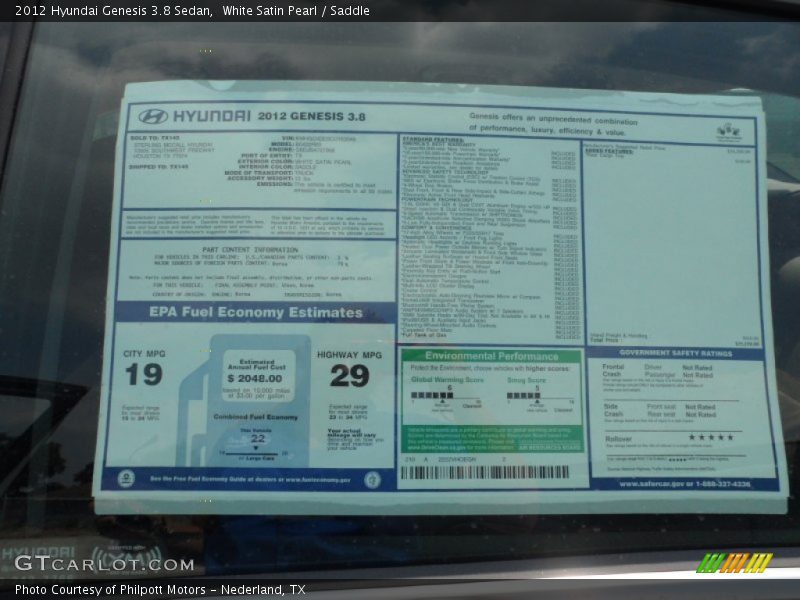  2012 Genesis 3.8 Sedan Window Sticker