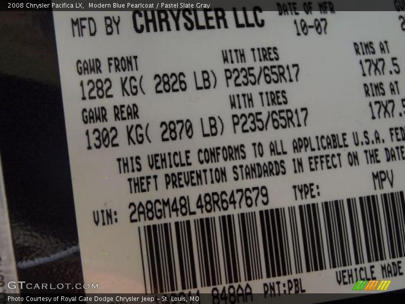 Modern Blue Pearlcoat / Pastel Slate Gray 2008 Chrysler Pacifica LX