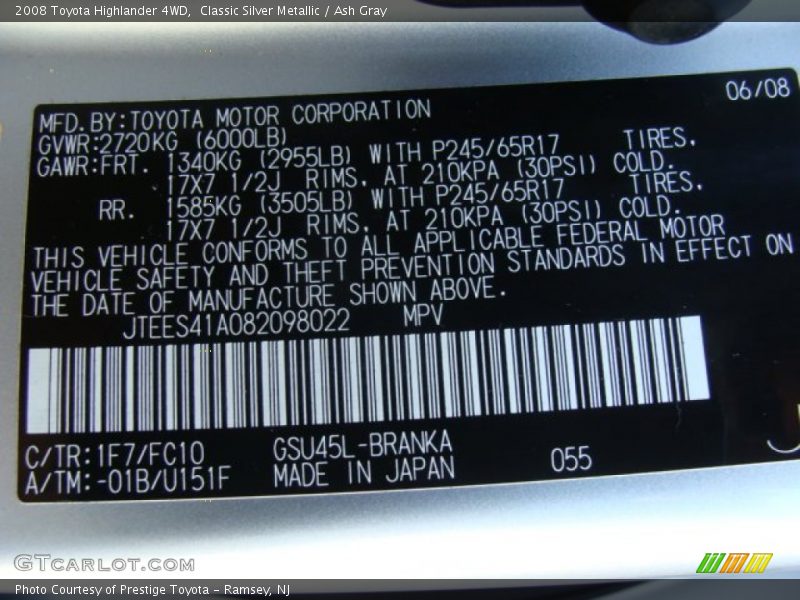 Classic Silver Metallic / Ash Gray 2008 Toyota Highlander 4WD