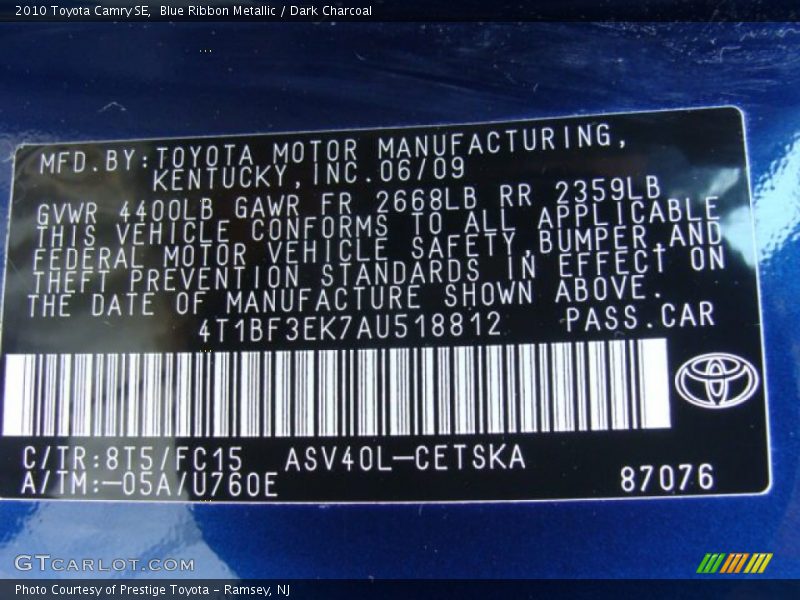 Blue Ribbon Metallic / Dark Charcoal 2010 Toyota Camry SE