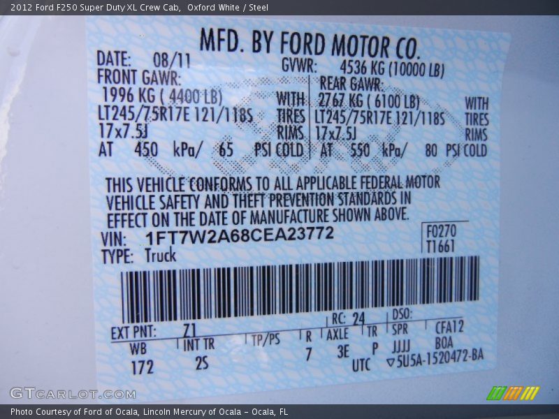 2012 F250 Super Duty XL Crew Cab Oxford White Color Code Z1