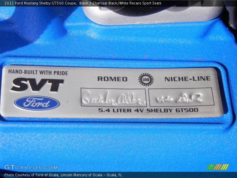 Info Tag of 2012 Mustang Shelby GT500 Coupe